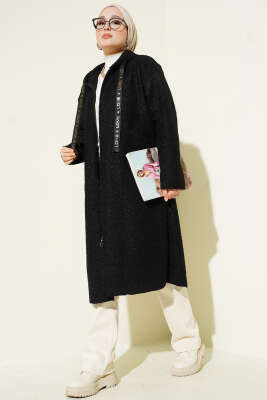 Kapüşonlu Fermuarlı Buklet Kap Siyah - Dış Giyim&Mont