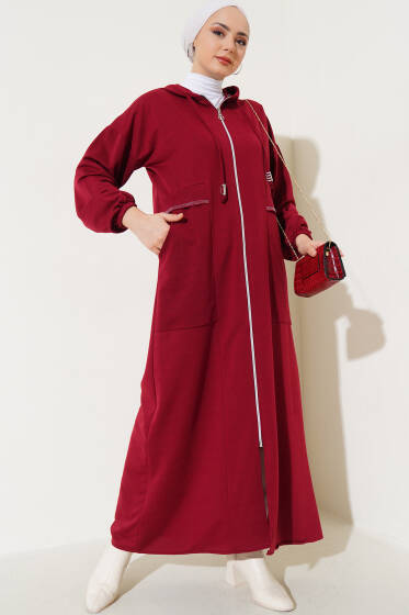 Kapüşonlu Fermuarlı Cepli Ferace Bordo - Ferace