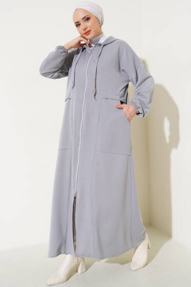 Kapüşonlu Fermuarlı Cepli Ferace Gri - Ferace