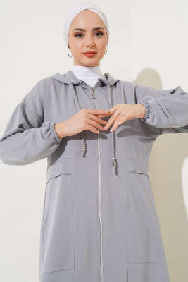 Kapüşonlu Fermuarlı Cepli Ferace Gri - Yılın Fırsatı