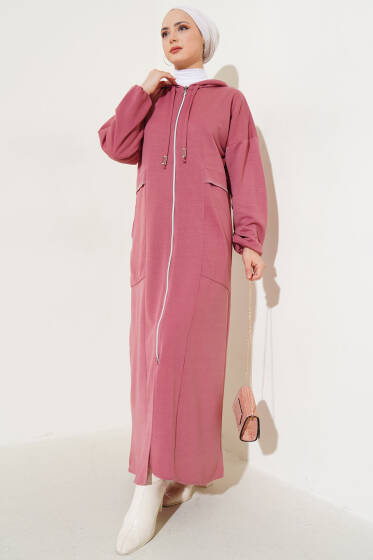 Kapüşonlu Fermuarlı Cepli Ferace Gül Kurusu - Yılın Fırsatı