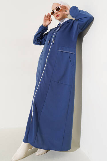 Kapüşonlu Fermuarlı Cepli Ferace İndigo - Yılın Fırsatı