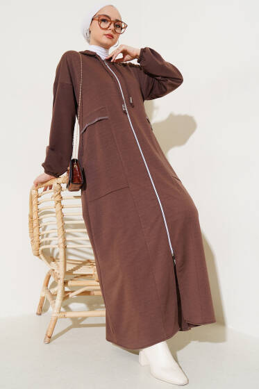 Kapüşonlu Fermuarlı Cepli Ferace Kahve - Yılın Fırsatı
