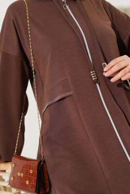 Kapüşonlu Fermuarlı Cepli Ferace Kahve - Yılın Fırsatı