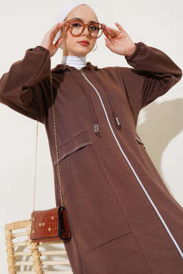 Kapüşonlu Fermuarlı Cepli Ferace Kahve - Yılın Fırsatı