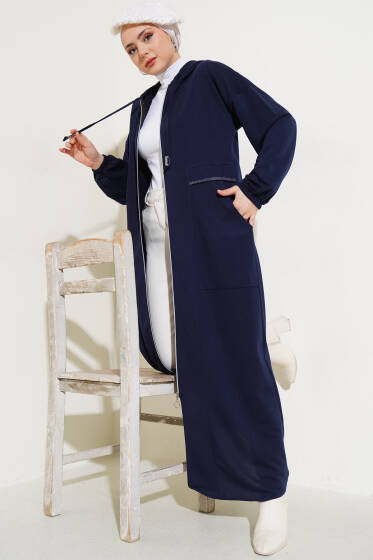 Kapüşonlu Fermuarlı Cepli Ferace Lacivert - Ferace