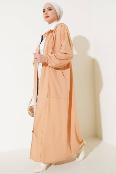 Kapüşonlu Fermuarlı Cepli Ferace Latte - Yılın Fırsatı