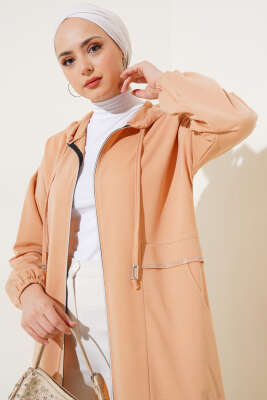 Kapüşonlu Fermuarlı Cepli Ferace Latte - Yılın Fırsatı