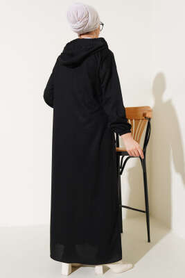 Kapüşonlu Fermuarlı Cepli Ferace Siyah - Yılın Fırsatı