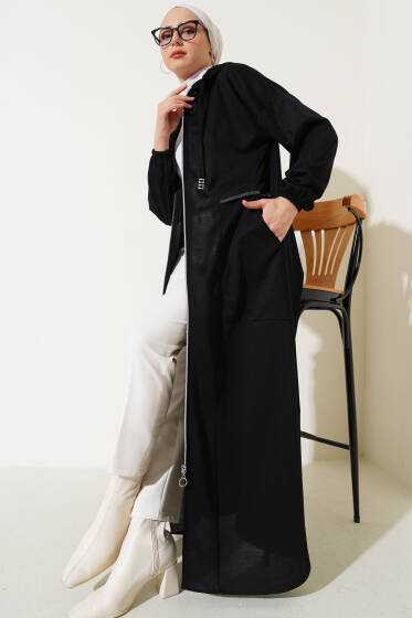 Kapüşonlu Fermuarlı Cepli Ferace Siyah - Yılın Fırsatı