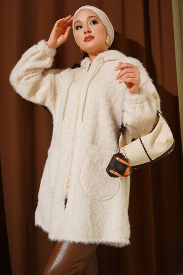 Kapüşonlu Fermuarlı Cepli Hırka Bej - Hırka