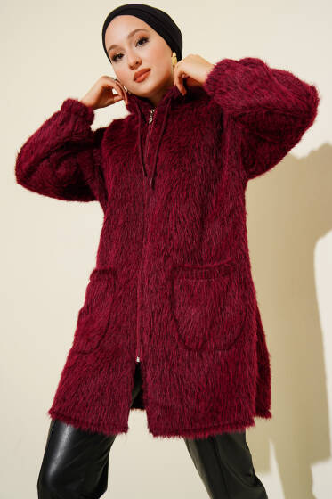 Kapüşonlu Fermuarlı Cepli Hırka Bordo - Hırka