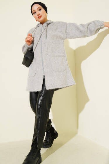 Kapüşonlu Fermuarlı Cepli Hırka Gri - Hırka