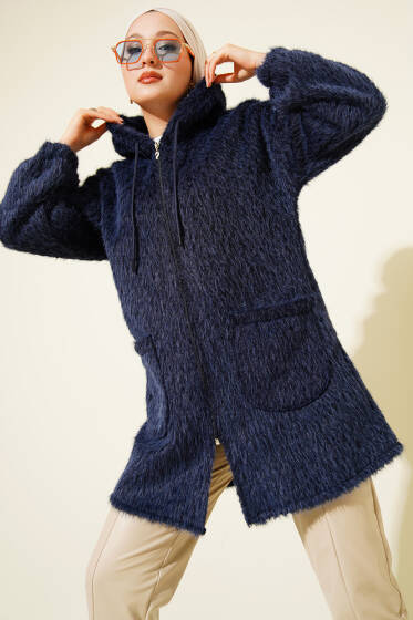 Kapüşonlu Fermuarlı Cepli Hırka Lacivert - Hırka