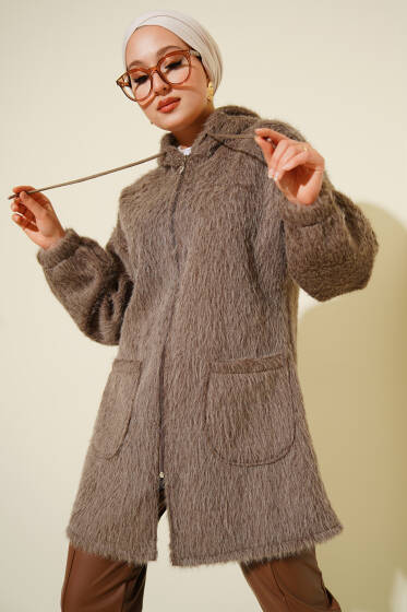 Kapüşonlu Fermuarlı Cepli Hırka Latte - Hırka