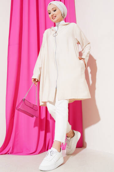 Kapüşonlu Fermuarlı Cepli Kap Bej - Dış Giyim&Mont