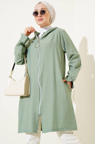Kapüşonlu Fermuarlı Cepli Kap Çağla Yeşili - Dış Giyim&Mont