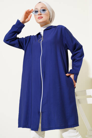 Kapüşonlu Fermuarlı Cepli Kap Lacivert - Dış Giyim&Mont