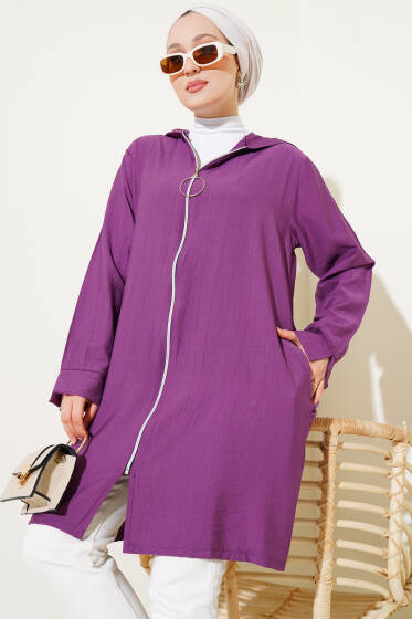 Kapüşonlu Fermuarlı Cepli Kap Mor - Dış Giyim&Mont