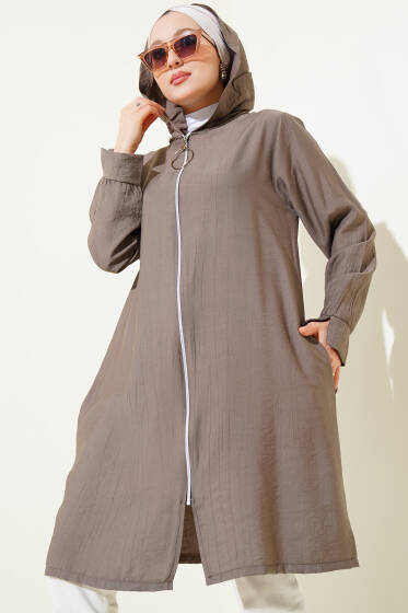 Kapüşonlu Fermuarlı Cepli Kap Vizon - Dış Giyim&Mont