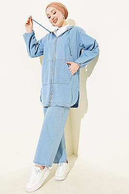 Kapüşonlu Fermuarlı Cepli Kot Takım Açık Mavi - TEGOE