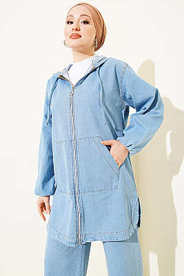 Kapüşonlu Fermuarlı Cepli Kot Takım Açık Mavi - İkili Takım