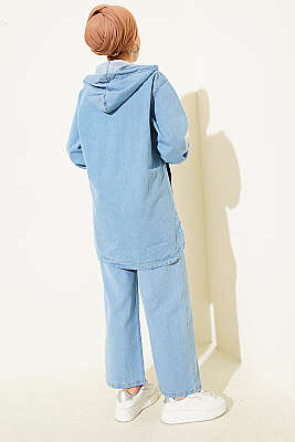 Kapüşonlu Fermuarlı Cepli Kot Takım Açık Mavi - İkili Takım