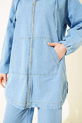 Kapüşonlu Fermuarlı Cepli Kot Takım Açık Mavi - İkili Takım