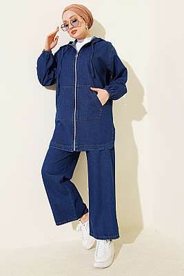 Kapüşonlu Fermuarlı Cepli Kot Takım Lacivert - TEGOE