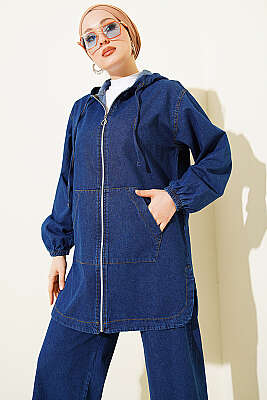 Kapüşonlu Fermuarlı Cepli Kot Takım Lacivert - İkili Takım