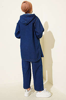Kapüşonlu Fermuarlı Cepli Kot Takım Lacivert - İkili Takım