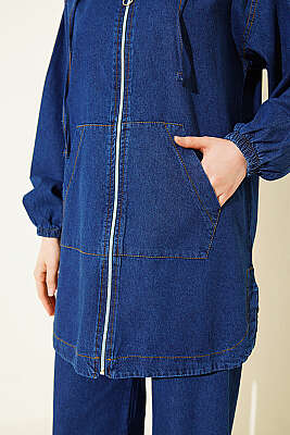 Kapüşonlu Fermuarlı Cepli Kot Takım Lacivert - İkili Takım