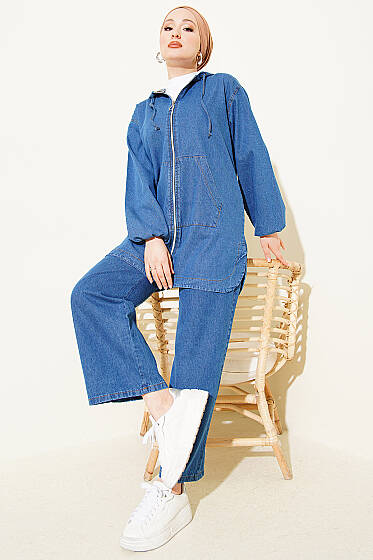 Kapüşonlu Fermuarlı Cepli Kot Takım Mavi - İkili Takım