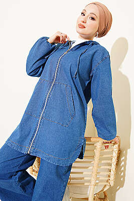 Kapüşonlu Fermuarlı Cepli Kot Takım Mavi - İkili Takım