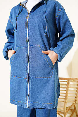 Kapüşonlu Fermuarlı Cepli Kot Takım Mavi - İkili Takım