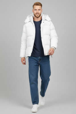 Kapüşonlu Fermuarlı Erkek Şişme Mont Beyaz - Yeni Erkek Giyim