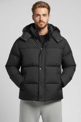 Kapüşonlu Fermuarlı Erkek Şişme Mont Siyah - BY MAMİ