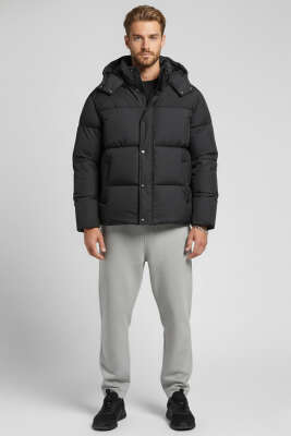 Kapüşonlu Fermuarlı Erkek Şişme Mont Siyah - Erkek Mont