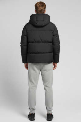 Kapüşonlu Fermuarlı Erkek Şişme Mont Siyah - Erkek Mont