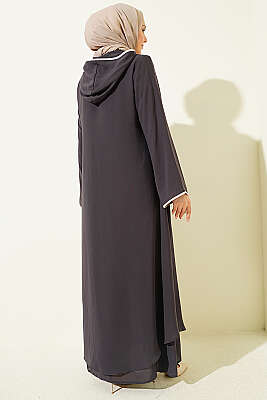 Kapüşonlu Fermuarlı Ferace Füme - Ferace