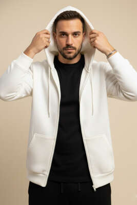 Kapüşonlu Fermuarlı Hırka Ekru - WOLEE