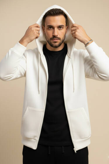 Kapüşonlu Fermuarlı Hırka Ekru - Erkek Hırka