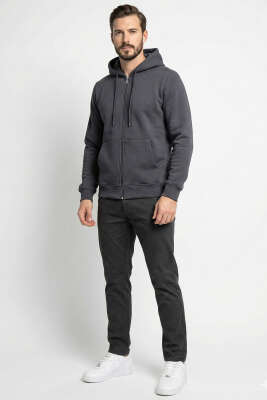 Kapüşonlu Fermuarlı Hırka Füme - Erkek Hırka