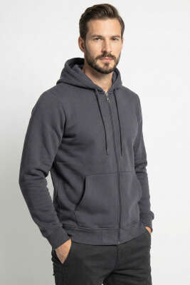 Kapüşonlu Fermuarlı Hırka Füme - WOLEE