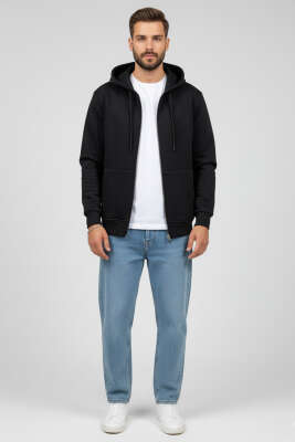 Kapüşonlu Fermuarlı Hırka Siyah - Erkek Hırka