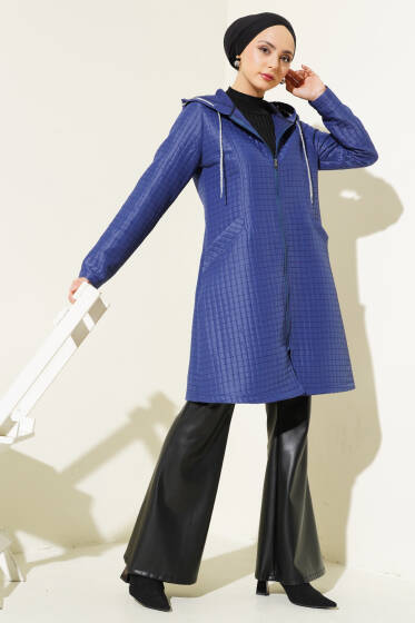 Kapüşonlu Fermuarlı Kapitone Mont Lacivert - Mont