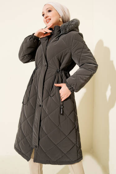 Kapüşonlu Fermuarlı Kapitone Şişme Mont Füme - Mont