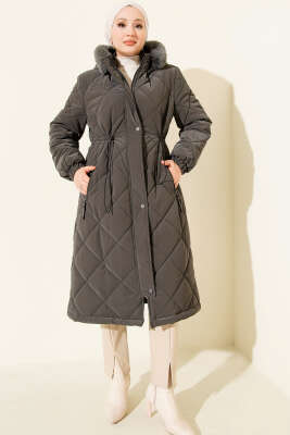 Kapüşonlu Fermuarlı Kapitone Şişme Mont Füme - Mont