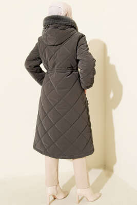 Kapüşonlu Fermuarlı Kapitone Şişme Mont Füme - Mont