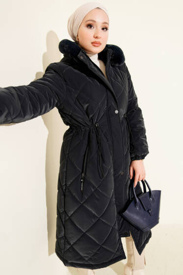 Kapüşonlu Fermuarlı Kapitone Şişme Mont Lacivert - Mont